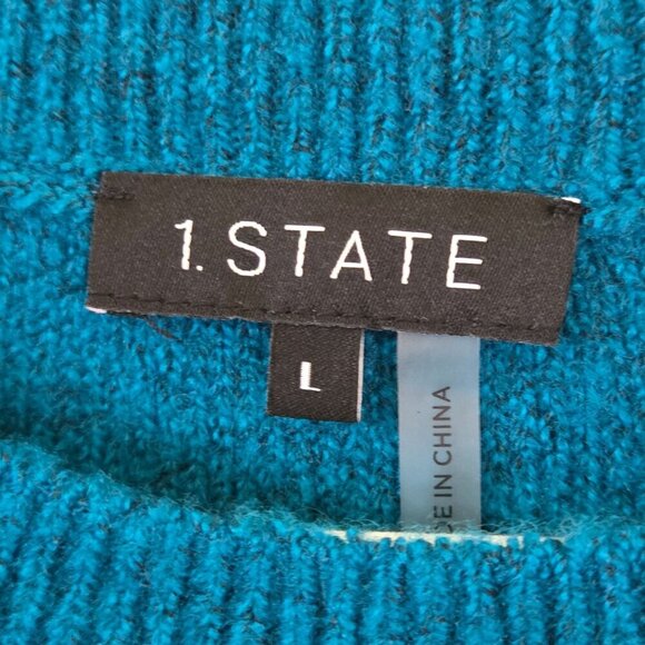 1. State NWT Variegated Cables Crew Sweater Teal Balloon Sleeve Size L - Picture 7 of 9